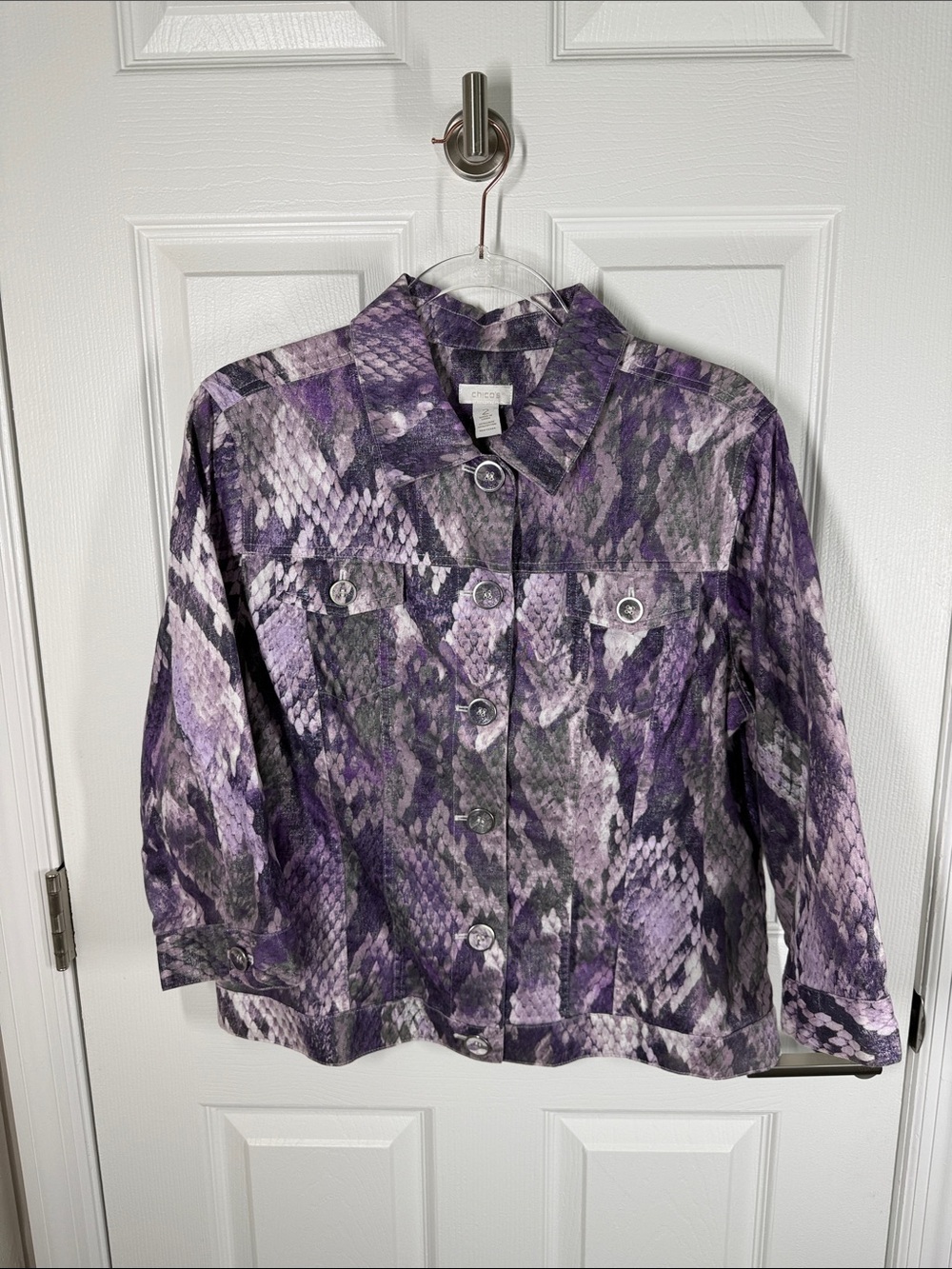 Chicos purple snakeskin print denim style jacket with silver metallic size large